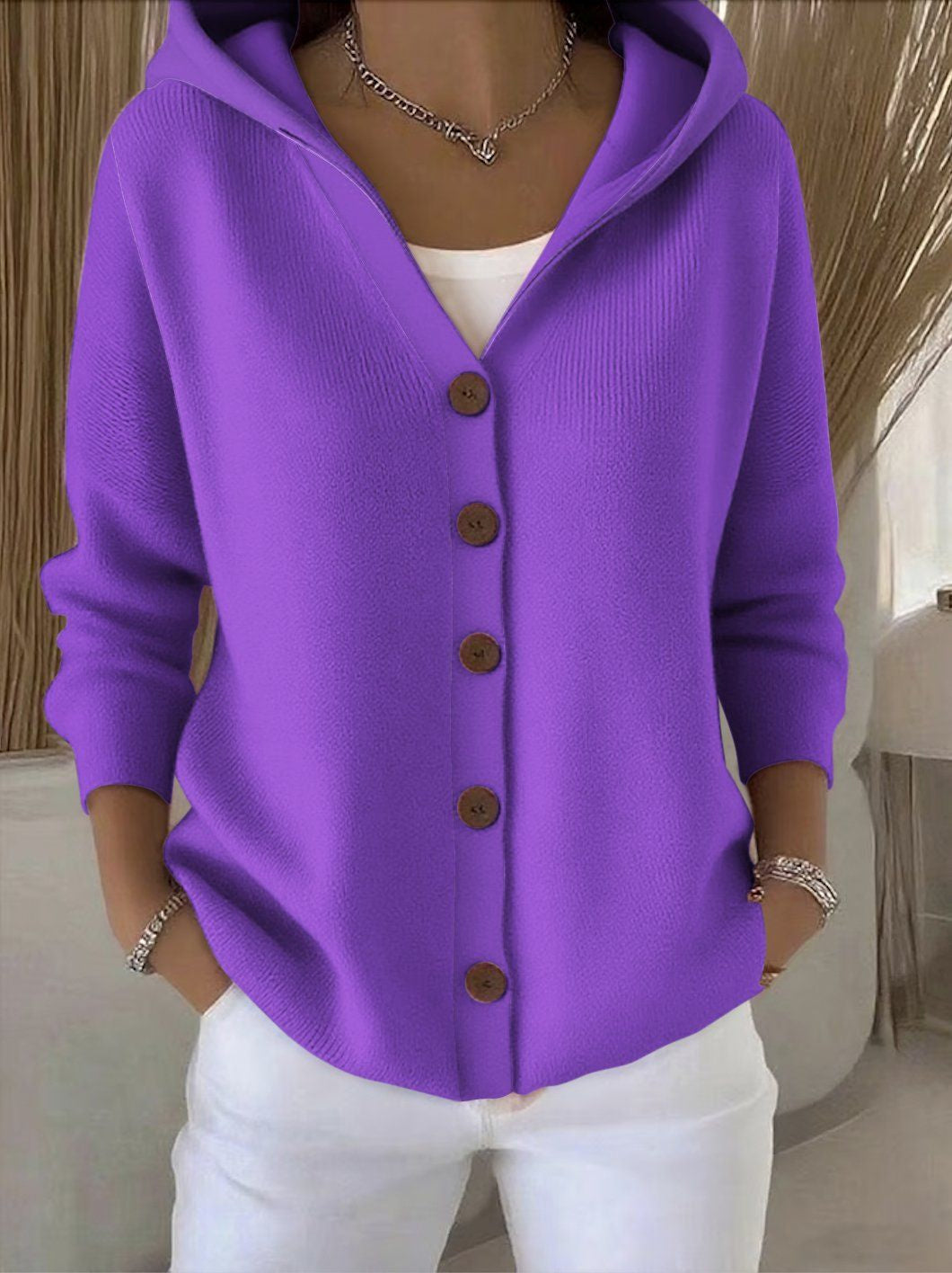 Hooded Cardigan with Button Front and Dropped Shoulder Sleeves