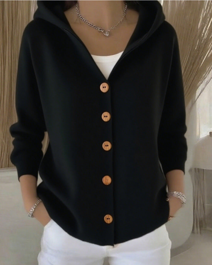 Hooded Cardigan with Button Front and Dropped Shoulder Sleeves