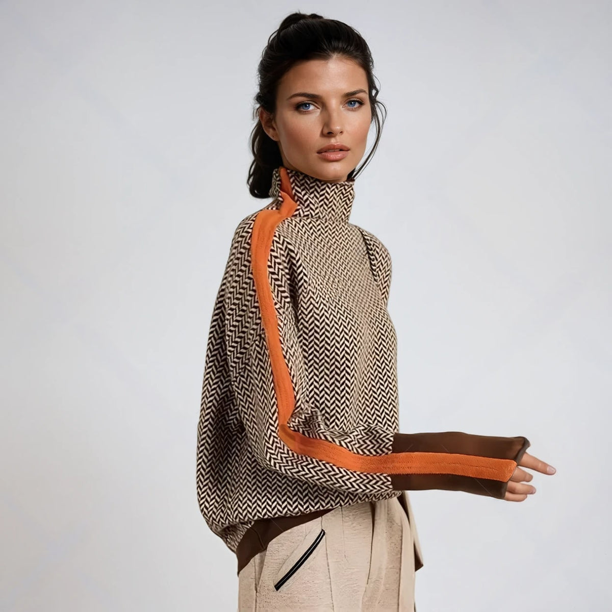 Speckled Knit Roll Neck Jumper with Contrast Sleeve Stripe