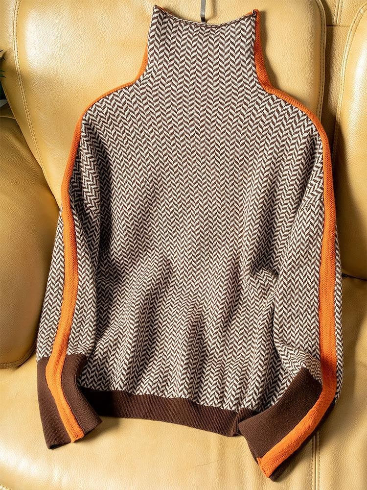 Speckled Knit Roll Neck Jumper with Contrast Sleeve Stripe