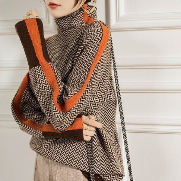 Speckled Knit Roll Neck Jumper with Contrast Sleeve Stripe