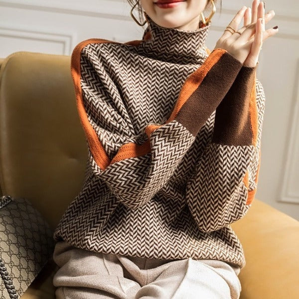 Speckled Knit Roll Neck Jumper with Contrast Sleeve Stripe