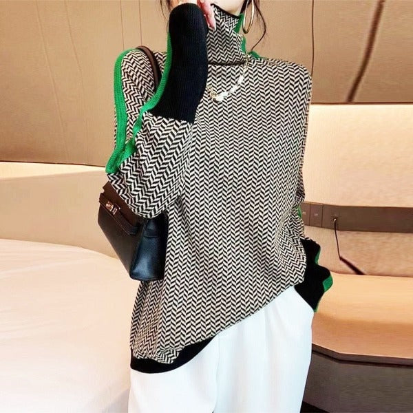 Speckled Knit Roll Neck Jumper with Contrast Sleeve Stripe